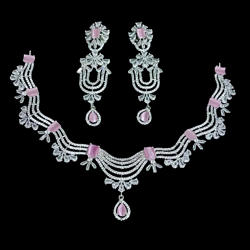 women's long necklaces-Statement Rhodium Polish Pastel Pink AD Zircon (CZ) Necklace