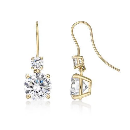 women's engraved earrings-Round Brilliant drop earrings with 6 carats* of diamond simulants in 10 carat yellow gold