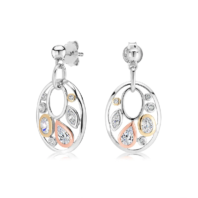 women's diamond earrings-Oval and Pear drop earrings with 1.18 carats* of diamond simulants in 10 carat yellow and rose gold and sterling silver