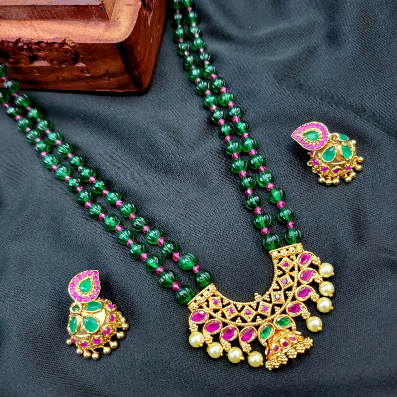 women's statement necklaces-Emerald Green Pumpkin Bead Mala Necklace Set