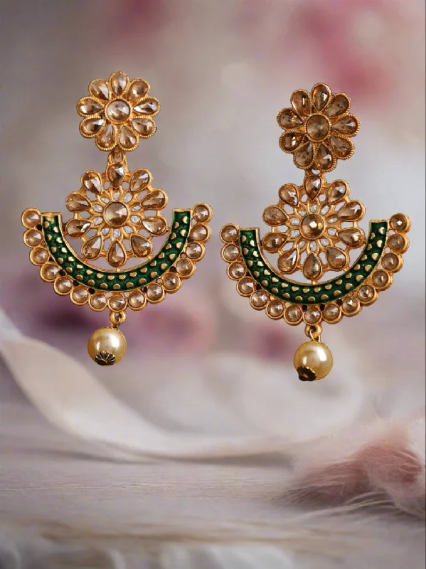 women's diamond drop earrings-Floral Dome Shaped Gold- Plated Green Pearl Drop Chand Bali Earrings