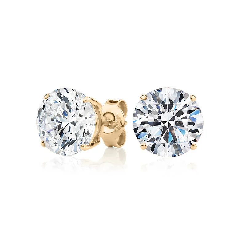 women's stud earrings-Round Brilliant stud earrings with 6 carats* of diamond simulants in 10 carat yellow gold