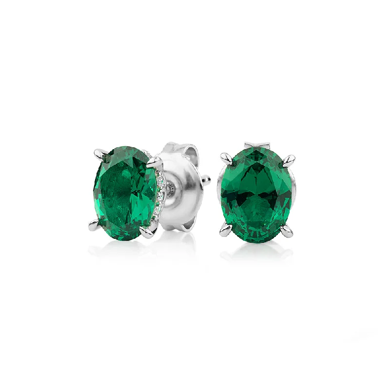 women's animal-shaped earrings-Oval and Round Brilliant stud earrings with emerald and diamond simulants in sterling silver