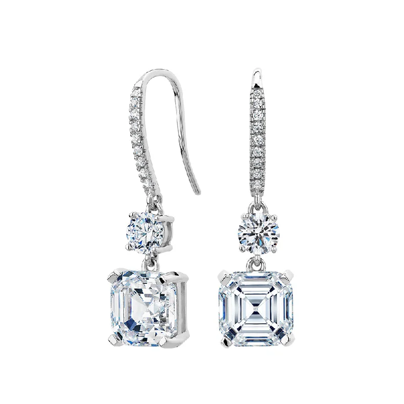 women's gemstone stud earrings-Asscher and Round Brilliant drop earrings with 7.2 carats* of diamond simulants in sterling silver