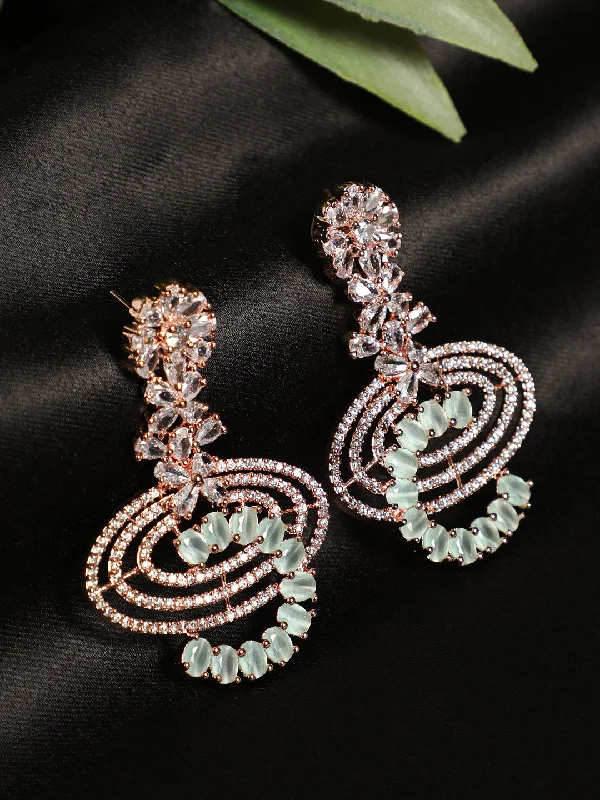 women's bold earrings-Mint Green & Rose Gold-Plated American Diamond Crescent Shaped Drop Earrings