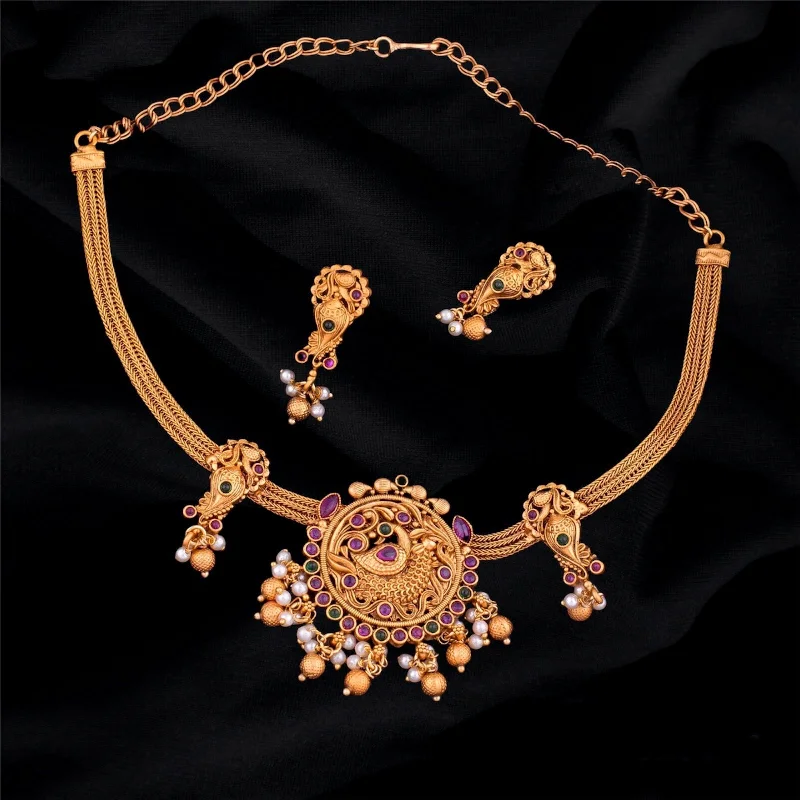 women's high-end designer necklaces-Matte Gold Peacock Addigai Style Kemp Necklace Set