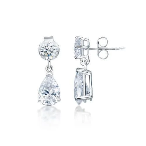 women's diamond earrings-Pear and Round Brilliant drop earrings with 1.92 carats* of diamond simulants in 10 carat white gold