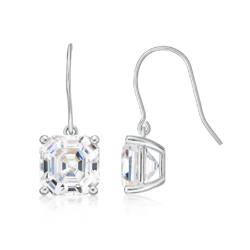 women's statement gemstone earrings-Asscher drop earrings with 11.24 carats* of diamond simulants in 10 carat white gold