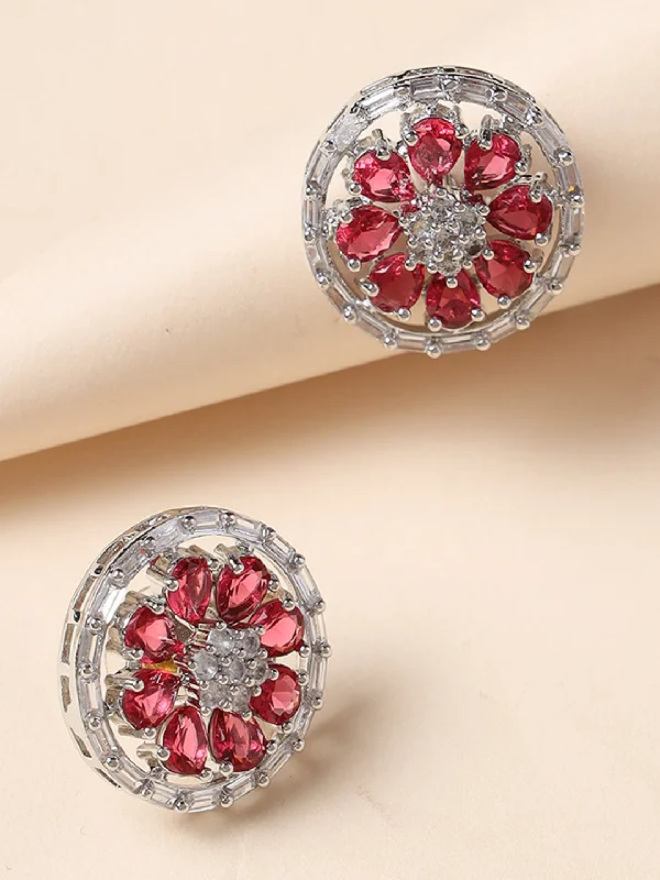 women's trendy drop earrings-Silver Plated Red Floral Stud Earrings