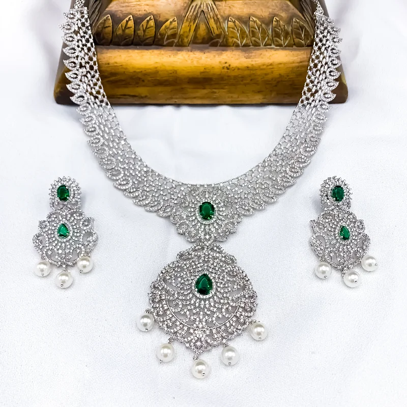 women's romantic necklaces-HIRA - A Statement Diamond Alike Bridal White and Emerald Green Zircon (CZ) Stone Necklace