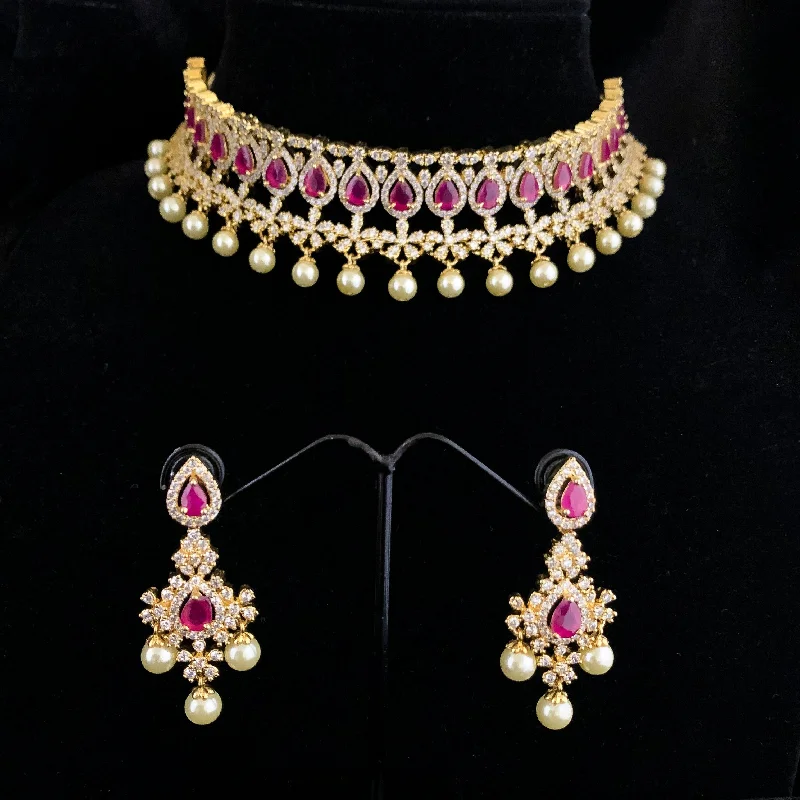 women's modern chain necklaces-Glamarous Bridal Choker Necklace Set in Ruby Red and White Zircon (CZ) stones