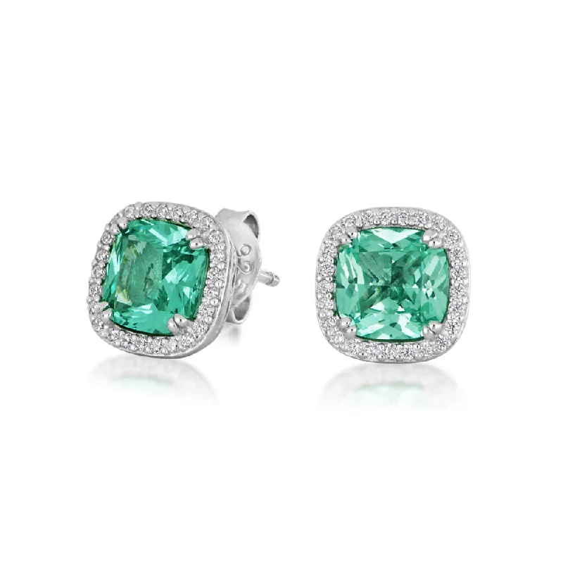 women's diamond earrings-Cushion and Round Brilliant halo stud earrings with ocean green simulants and 0.25 carats* of diamond simulants in sterling silver