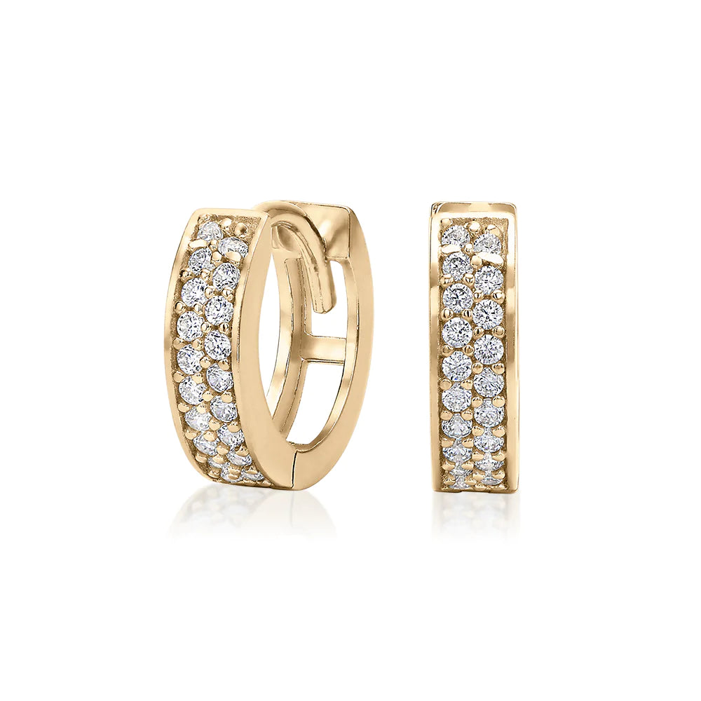 women's classic earrings-Round Brilliant hoop earrings with diamond simulants in 10 carat yellow gold