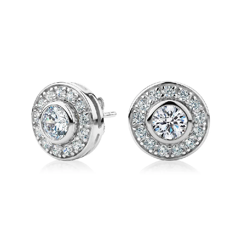 women's matching earrings sets-Round Brilliant halo stud earrings with 1.9 carats* of diamond simulants in sterling silver