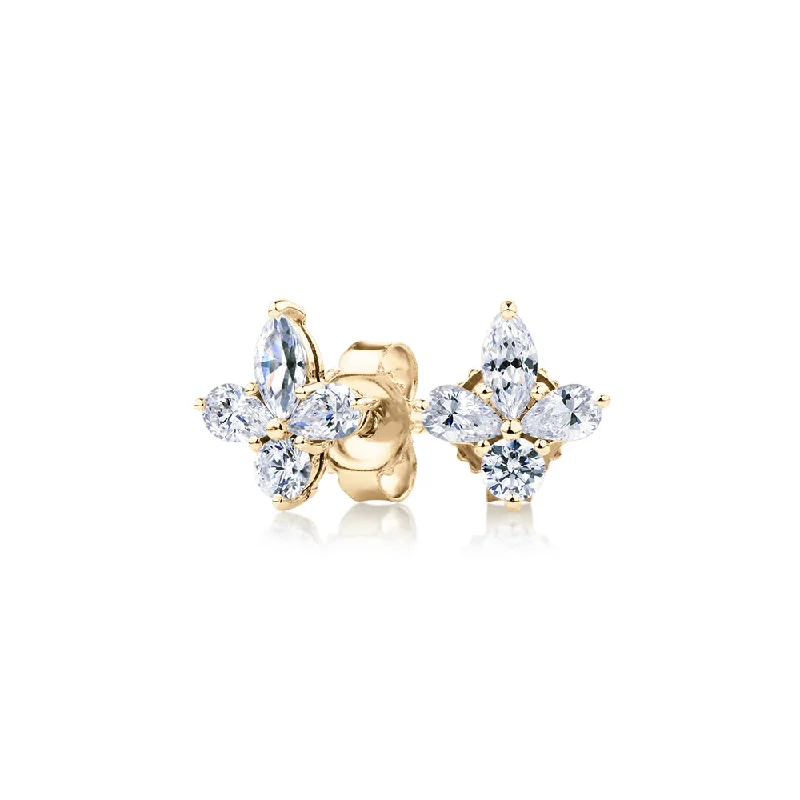 women's engraved earrings-Marquise, Pear and Round Brilliant stud earrings with 0.8 carats* of diamond simulants in 10 carat yellow gold