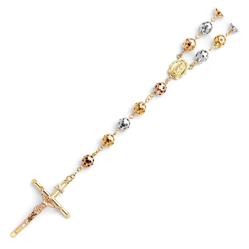 women's fashion chain necklaces-14K THREE COLORED GOLD 8MM PUFF BALL ROSARY NECKLACE