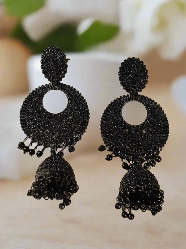 women's bold statement earrings-Jazz and sizzle Black Enamel Ethnic Jhumka Earring