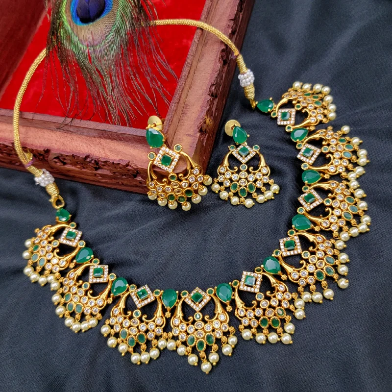 women's statement necklaces-Emerald Green & White AD Zircon (CZ) Chaandbali Necklace