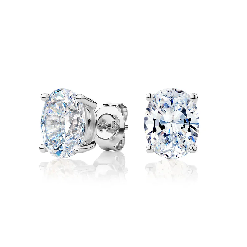 women's bridal earrings-Oval stud earrings with 3.72 carats* of diamond simulants in 10 carat white gold