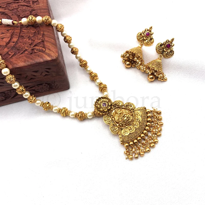 women's luxury chain necklaces-Traditional Pearl Mala Temple Jewelry Necklace set with Lakshmi pendant and Jhumka