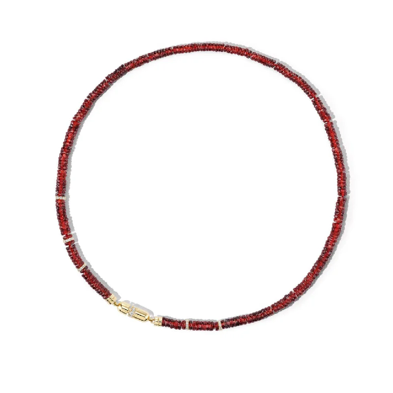 women's geometric necklaces-GARNET NECKLACE WITH PAVÉ DIAMOND CAPSULE CLASP IN 18K YELLOW GOLD