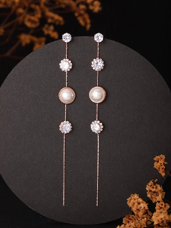 women's clip-on earrings-JAZZ AND SIZZLE Silver-Toned Rose gold-Plated CZ Stone-Studded & Pearl Contemporary Drop Earrings