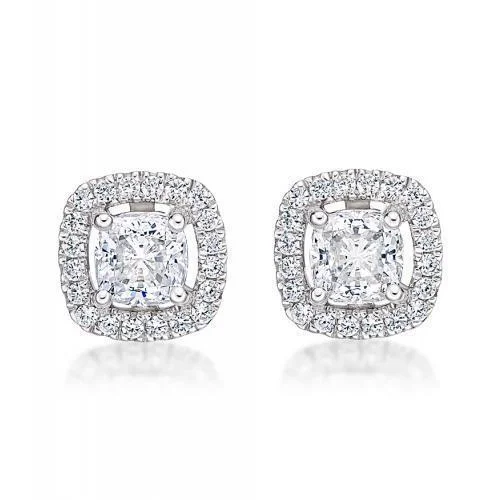 women's retro earrings-Cushion and Round Brilliant stud earrings with 1.19 carats* of diamond simulants in 10 carat white gold