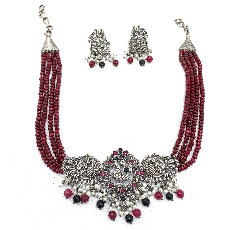 women's crystal necklaces-Enchanting Ruby beads Oxidized Silver Necklace with Peacock Pendant