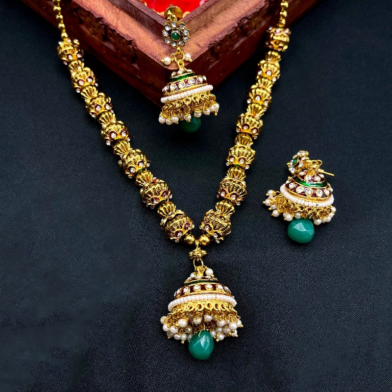 women's classic pearl necklaces-Handmade Meenakari Gold-Ball Necklace with Jhumka