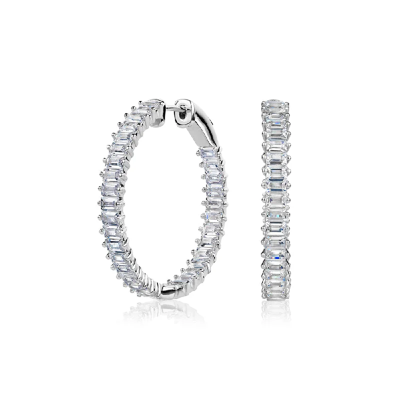 women's fashion-forward earrings-Emerald Cut hoop earrings with 6.4 carats* of diamond simulants in sterling silver