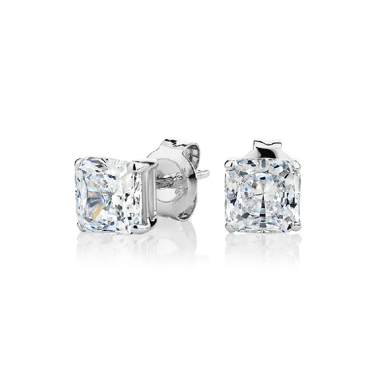 women's fashion-forward earrings-Princess Cut stud earrings with 2 carats* of diamond simulants in 10 carat white gold