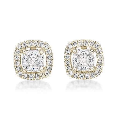 women's dangly earrings-Cushion and Round Brilliant stud earrings with 1.19 carats* of diamond simulants in 10 carat yellow gold