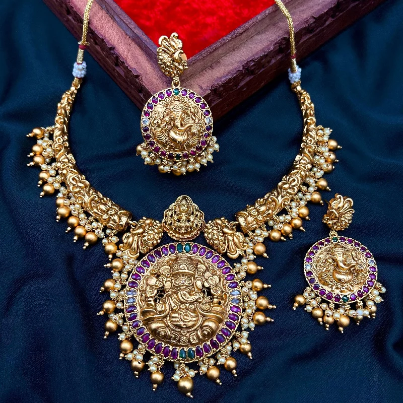 women's flower necklaces-Ganesha & Lakshmi Nakshi Work Real Matte Gold Kemp Necklace Set