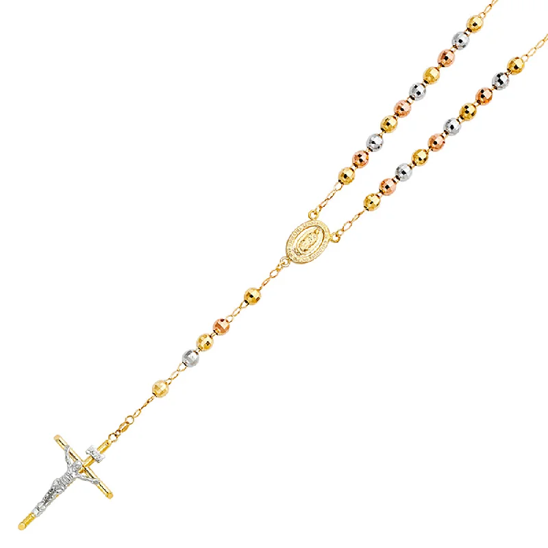 women's simple gold necklaces-14K THREE COLORED GOLD 6MM BALL ROSARY NECKLACE