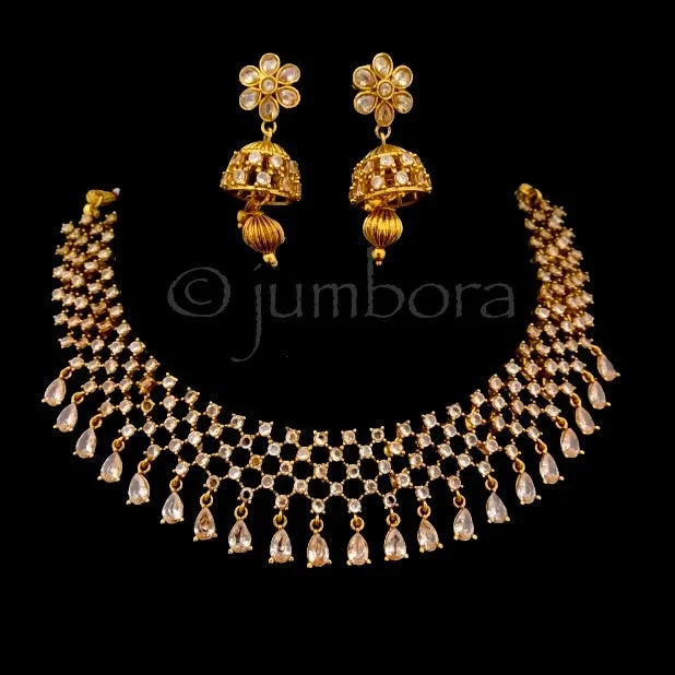 women's luxury pearl necklaces-Polki Champagne color LCD Stone Necklace with Jhumka earring