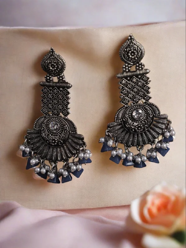 women's statement earrings-Blue Stone Studded & Beaded Silver Plated Drop Earrings