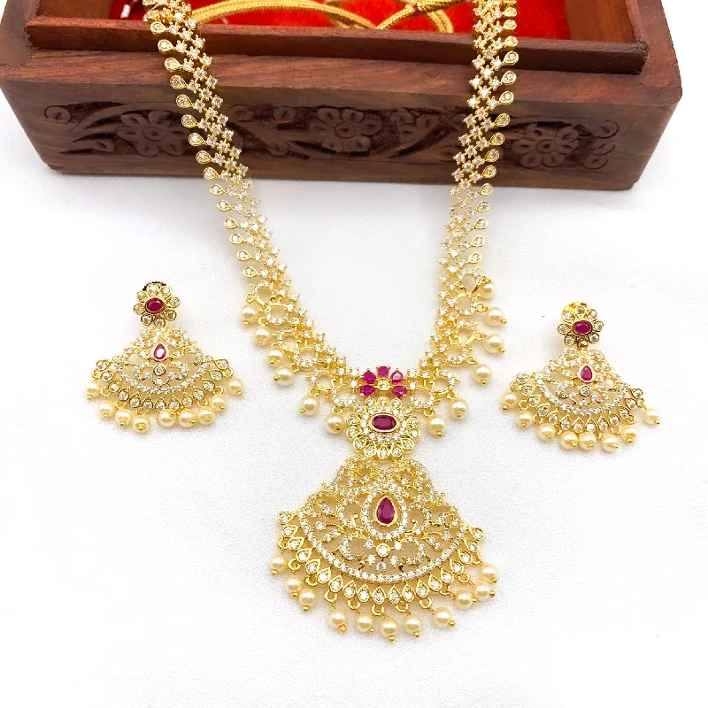 women's personalized necklaces-Exquisite White and Ruby Red Zircon (CZ) Stone Necklace set with Pearls