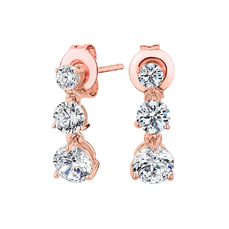 women's animal-shaped earrings-Round Brilliant drop earrings with 1.64 carats* of diamond simulants in 10 carat rose gold