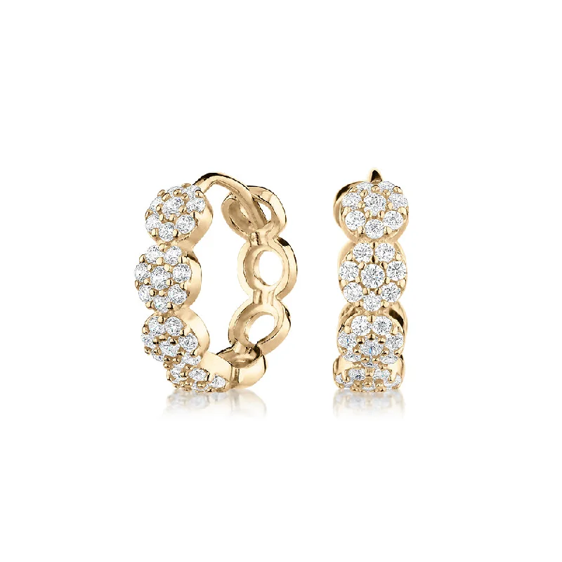 women's floral earrings-Round Brilliant hoop earrings with diamond simulants in 10 carat yellow gold