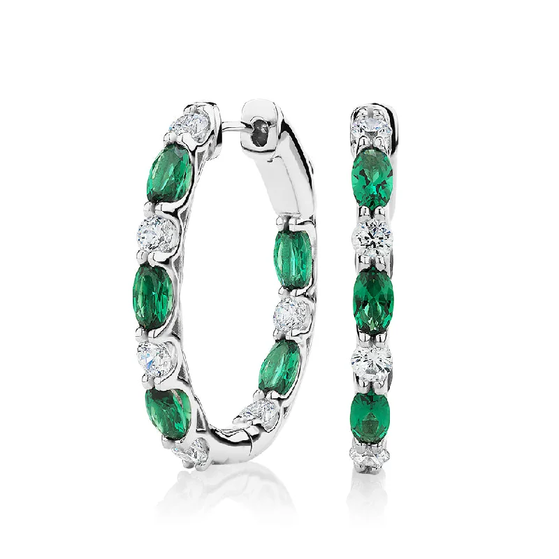 women's layered earrings-Round Brilliant and Oval hoop earrings with emerald simulants and 1.32 carats* of diamond simulants