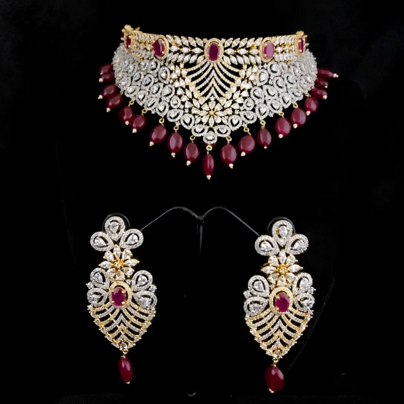 women's stackable necklaces-Magnanimous Bridal Heavy Zircon (CZ) Stone Choker Necklace Set with Ruby Red stones