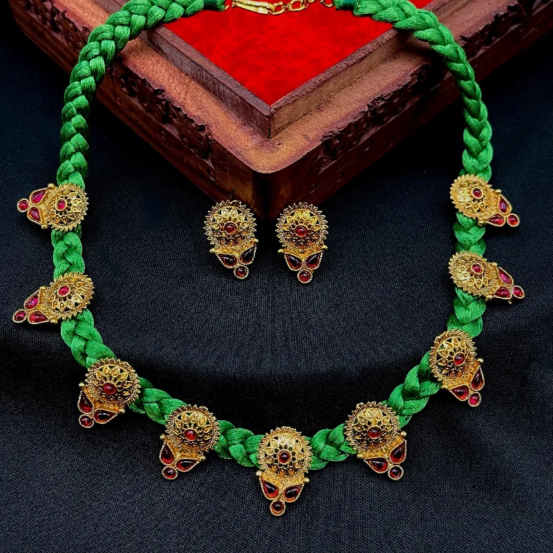 women's luxury necklaces-Green Dori Necklace set with Red Kemp Stones