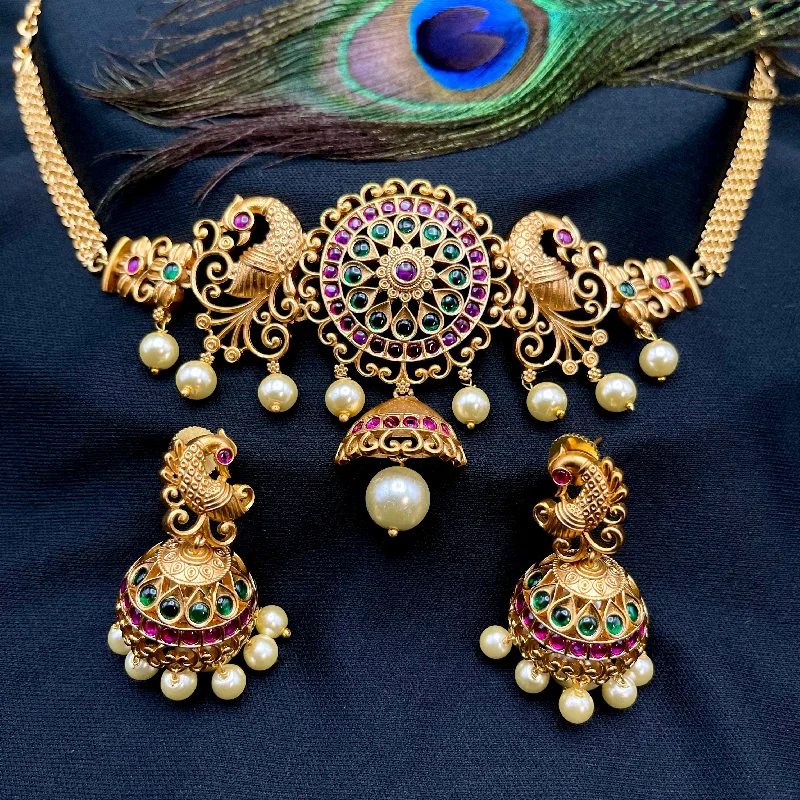 women's two-tone necklaces-Kemp Peacock Matte Gold Choker Necklace with Jhumka