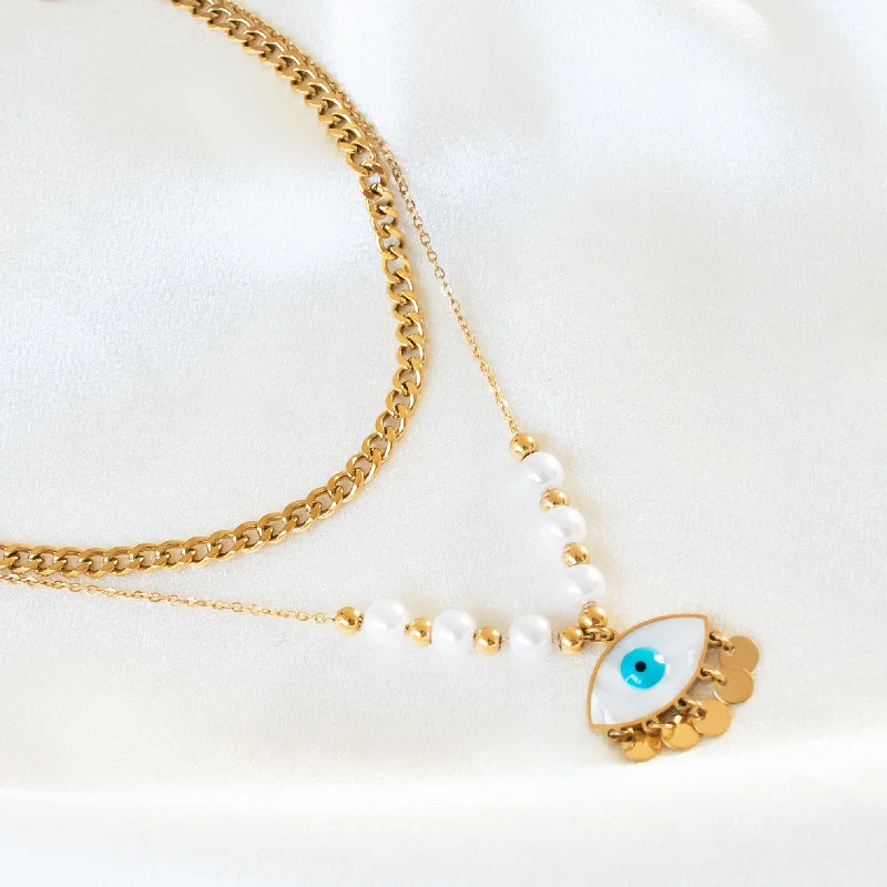 women's pendant necklaces-Dainty Pearl Evil Eye Layered Necklace