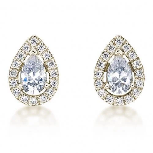 women's floral earrings-Pear and Round Brilliant stud earrings with 1.87 carats* of diamond simulants in 10 carat yellow gold