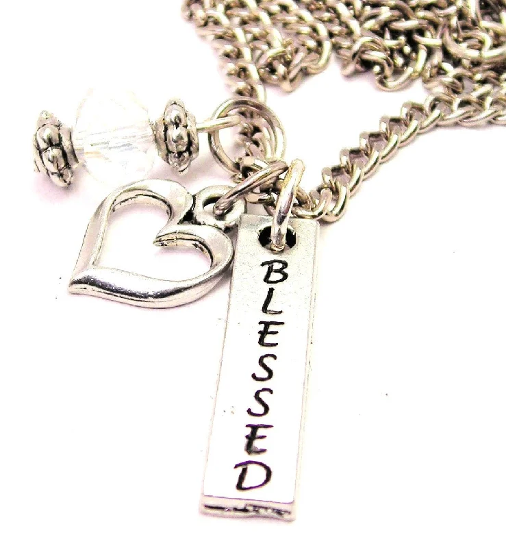 women's silver chain necklaces-Blessed Long Tab Necklace with Small Heart