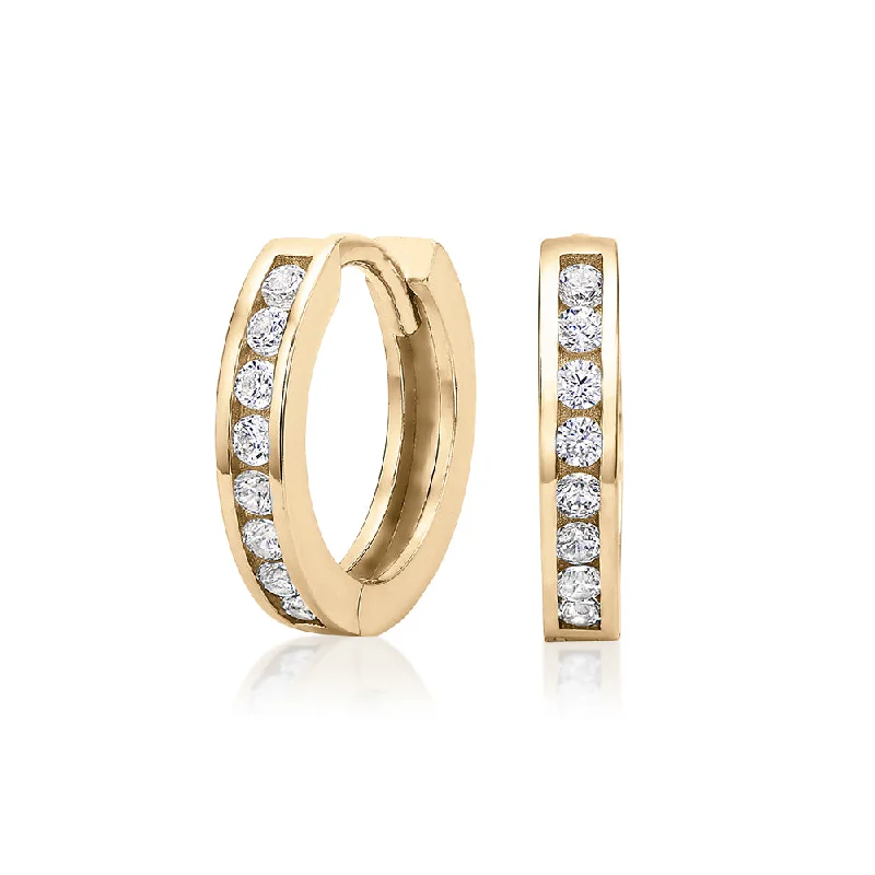 women's oversized earrings-Round Brilliant hoop earrings with diamond simulants in 10 carat yellow gold