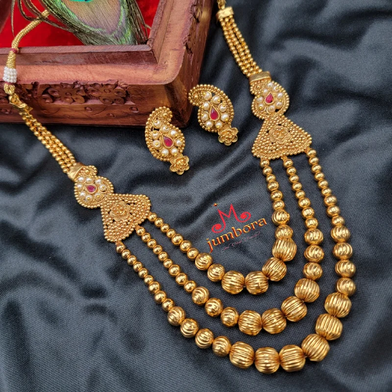 women's statement gemstone necklaces-Triple Row Antique Gold Ball Mango Necklace set