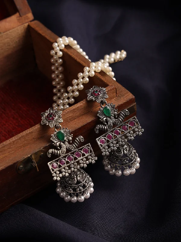 women's bohemian earrings-Pink & Green Oxidised Silver-Plated German Silver Stone Studded & Beaded Jhumkas