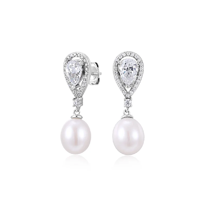 women's geometric earrings-Cultured freshwater pearl drop earrings in sterling silver